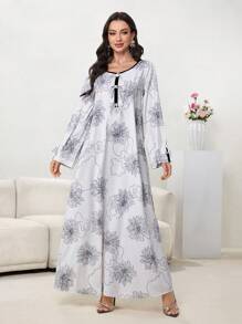 Al Najma Vestido largo maxi de mujer con cuello redondo, lazo y estampado floral elegante y romántico, vestido abaya modesto