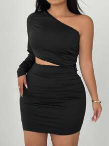 SHEIN Clasi Plus Size Women Ruched Cutout One Shoulder Bodycon Dress Fall Cloth For Women - Black - View 3