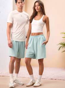 Manfinity VCAY Unisex Casual Knit Mid-Waist Elastic Waist Straight Leg Solid Color Shorts, Suitable For Daily Wear - Mint Green - View 4