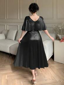 DAZY Đầm midi cổ chữ V tay ngắn thường ngày cho nữ, váy dạ hội thanh lịch, váy trang trọng cho nữ - màu đen - Xem 2