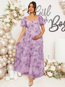 Loomaby Vestido casual largo con estampado floral, de manga corta y cuello de corazón para embarazadas - Morado - Ver 6