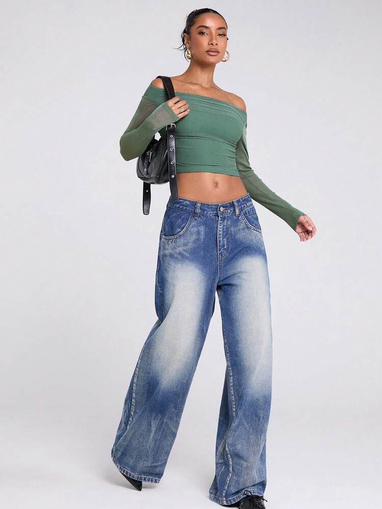SHEIN BAE Women's Solid Color Off Shoulder Long Sleeve Casual Slim Fit Top - Olive Green - View 6
