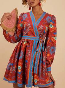 Travachic Floral Print Long Sleeve Graphic Shirt Dress For Women, Dress - Red - View 6