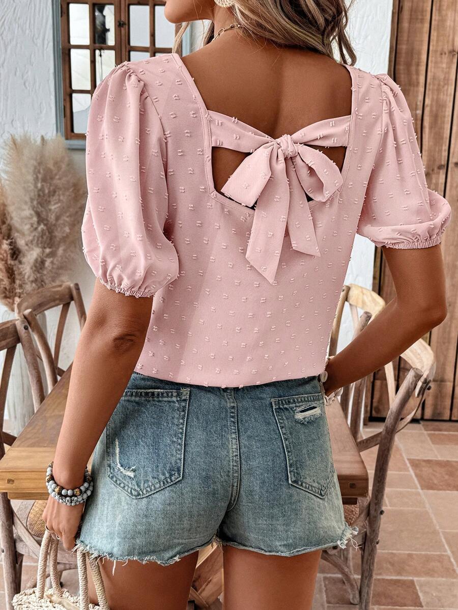 SHEIN LUNE 女士休闲纯色露背系带泡泡袖方领衬衫，春夏可爱上衣，夏季上衣，露脐上衣，女士度假装，女士外出上衣，休闲款 - 粉色 - 查看 1