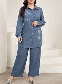 Veilorie Plus Size Women Floral Print Long Sleeve Single-Breasted Shirt And Pants Casual 2 Pieces Set - Dusty Blue - View 2