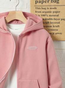 SHEIN 男大童字母補丁細節加絨內裏連帽衛衣不帶T恤 - 粉色 - 查看 5
