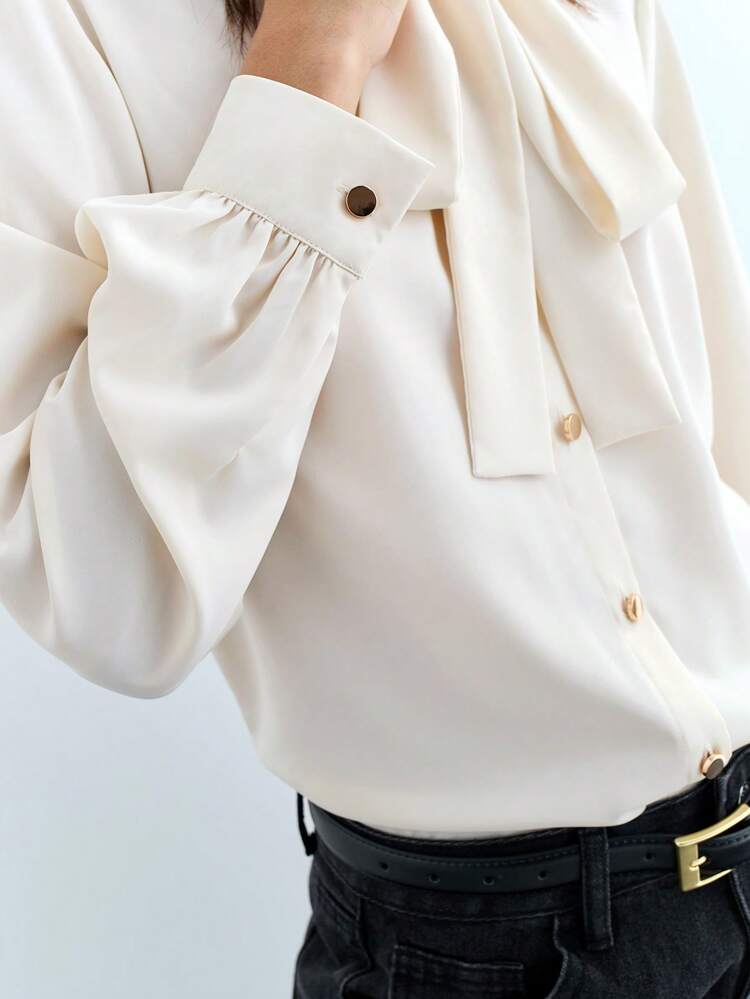 SHEIN Maija Women's Ivory Bowknot Collar Decor Front Open Long Sleeve Elegant Blouse, Versatile For All Seasons, Chic Urban Casual/Business Wear Modern Urban Casual Fashion Business Casual Women's Office Wear Low-Key Old Money Style St Patrick's Day Women Easter Summer Easter Women Party Top Beach Summer Holiday Beach Vacation Summer Going Out Graduation Casual Blouses For Women Elegant Women's Blouses Casual Blouse For Women Formal Attire For Women Office Wear Women Business