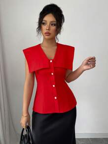 Elenzga Women's Solid Color Simple Casual Blouse, Elegant For Daily Wear - Red - View 4