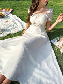 Modelyn Women's White Lace Patchwork Elegant Romantic Long Dress - White - View 1