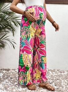 SHEIN Maternity Vacation Tropical Print Pants - Multicolor - View 5