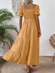 SHEIN Clasi Women's Fashionable Solid Color A-Line Flared Puff Sleeve Dress Maxi Women Outfit