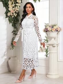 SHEIN Lady 女士纯色蕾丝连衣裙优雅浪漫女士连衣裙 - 白色 - 查看 4