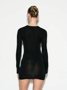 KIZN Áo dài tay Bodycon Váy mini Căng gân Mùa thu Đông Áo len Váy cao cổ Hình thức phù hợp Câu lạc bộ Bữa tiệc Buổi tối Mặc mỏng vừa vặn - màu đen - Xem 2