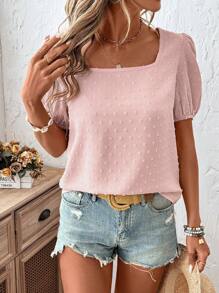 SHEIN LUNE 女士休闲纯色露背系带泡泡袖方领衬衫，春夏可爱上衣，夏季上衣，露脐上衣，女士度假装，女士外出上衣，休闲款 - 粉色 - 查看 3