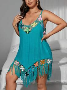 Swim Lushoire بلوزة حمام بلمسات أنثوية للمرأة متناسقة ذات حجم كبير، طبعات زهرية وغرز شرشوب، مناسبة للشاطئ والعطلات، موسم الصيف - ازرق مخضر - مشاهدة 4