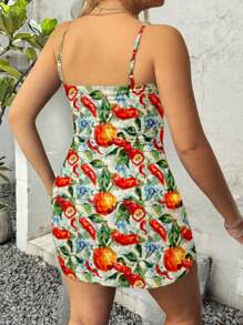 INAWLY Fashionable Sleeveless Floral & Chili Pepper Print Backless Spaghetti Strap Cami Dress, Sexy For Party And Nightout, Spring/Summer