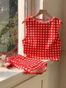 SHEIN EZwear Set de 2 piezas con camiseta de tirantes y pantalones cortos a cuadros, sexy y lindo