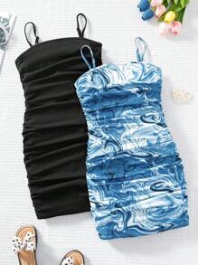 SHEIN Leap Crew Tween Girls 2pcs Casual Fitted Camisole Dress Set