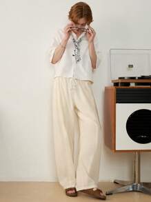SWAVVY Standard Size Men's Casual Loose Silhouette Patch-Work Drawstring Waist Fabric Vintage White Spring/Summer Trousers