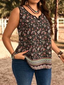 EMERY ROSE Plus Size Vacation Casual Ditsy Floral Notched Tank Top Summer Concert Women West Country