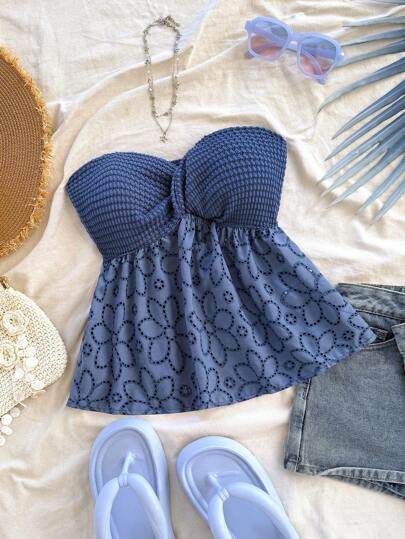 Soleia 女士度假夏季可爱扭纹前开孔刺绣白色露肩上衣