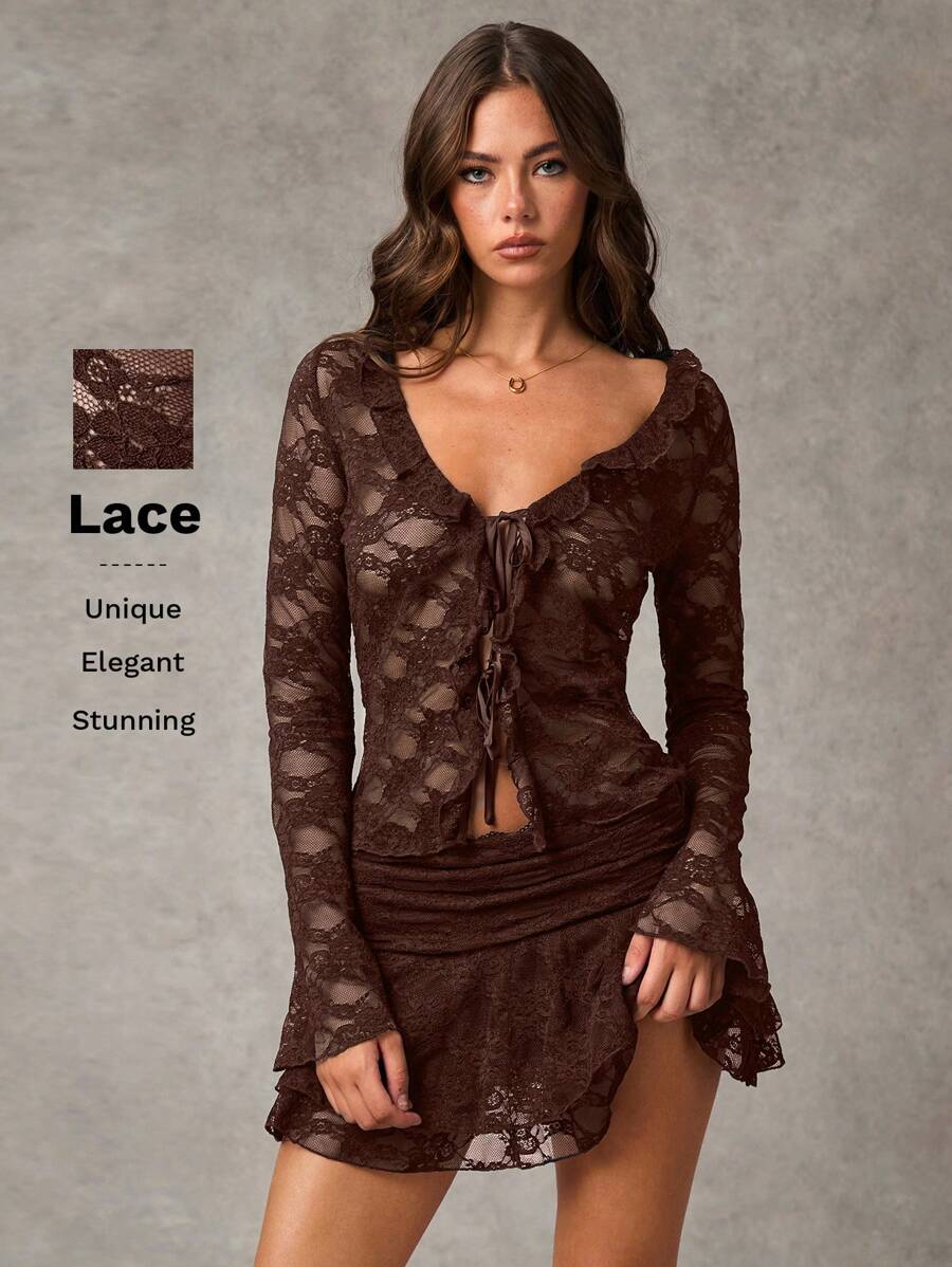SHEIN BAE Black Sexy Lace Sweet Ruffled Front Straps See-Through Top For Women/Fall Women Outfits/Western Clothing/Cowgirlcore Clothing - Coffee Brown - View 1