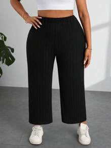 SHEIN PETITE CURVE Plus Size Solid Color High Waist Pants Women Summer Outfits - Black - View 3
