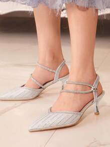 CUCCOO TILAWA Women's Silver Pointed Toe Rhinestone Embellished High Heels Bridal Sandals Spring Shoes Spring Break Easter Prom Heels