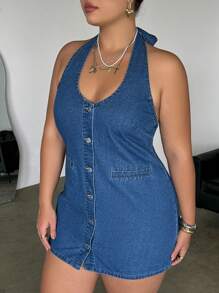 Vestido mini ajustado sin mangas de mezclilla talla grande, azul - Azul - Ver 5