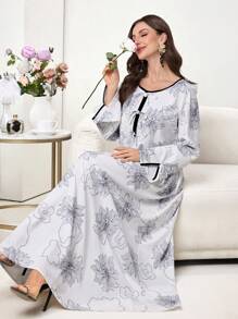 Al Najma Vestido largo maxi de mujer con cuello redondo, lazo y estampado floral elegante y romántico, vestido abaya modesto