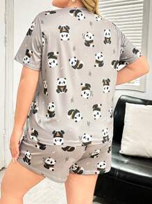 卡通熊猫印花圆领短袖短裤 2 件套睡衣套装，加大码