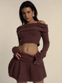 MUSERA Soft Knit Bardot Off Shoulder Long Sleeve Cropped Jumper Only Spring Summer  Cute Evening Party    New Years - Coffee Brown - View 1