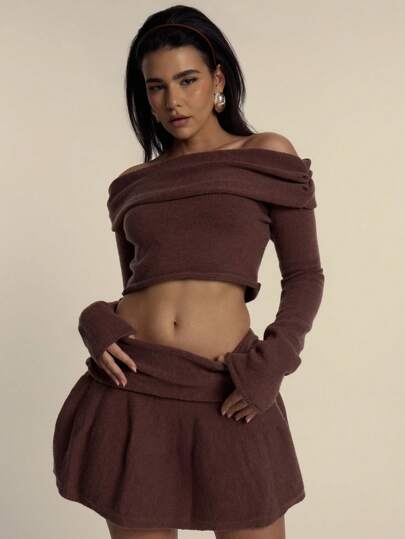 MUSERA Suéter corto de manga larga con hombros descubiertos de punto suave, elegante y lindo para primavera y verano