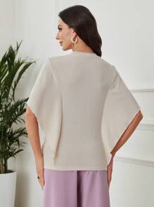 Seusyu Women's Solid Color Round Neck Short Sleeve Simple Casual Ribbed Ruffle Sleeve T-Shirt - Apricot - View 2