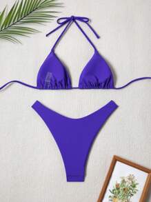 SHEIN Swim 女士露背泳衣套装，简约时尚，适合日常休闲穿着 - 紫色 - 查看 2