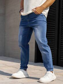 Manfinity Homme Men's Pockets Straight Leg Loose Casual Versatile Jeans - Medium Wash - View 4