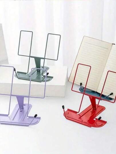 SHEIN 1 Piece Metal Bookshelf Book Support For Desk, Adjustable Reading Stand, Portable Recipe Document Holder, Sturdy Typing Stand For Recipes Textbooks Tablets Music Books With Page Clips Back To School