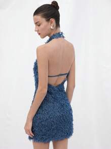 Revavyn Romantic Sexy Girly Party Mini Dress, Stand Collar Sleeveless Fitted Waist Bodycon Furry Fabric Design Elegant Fashionable Style For Summer - Dusty Blue - View 2