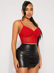 SHEIN SXY Spring/Summer Valentines Day Clothes Elegance Wedding Guest Old Money BOHO Vacay Red High Stretch Knit Mesh Strap Semi-See-Through Short Tank Top With Ruffled Pleats - Red - View 3