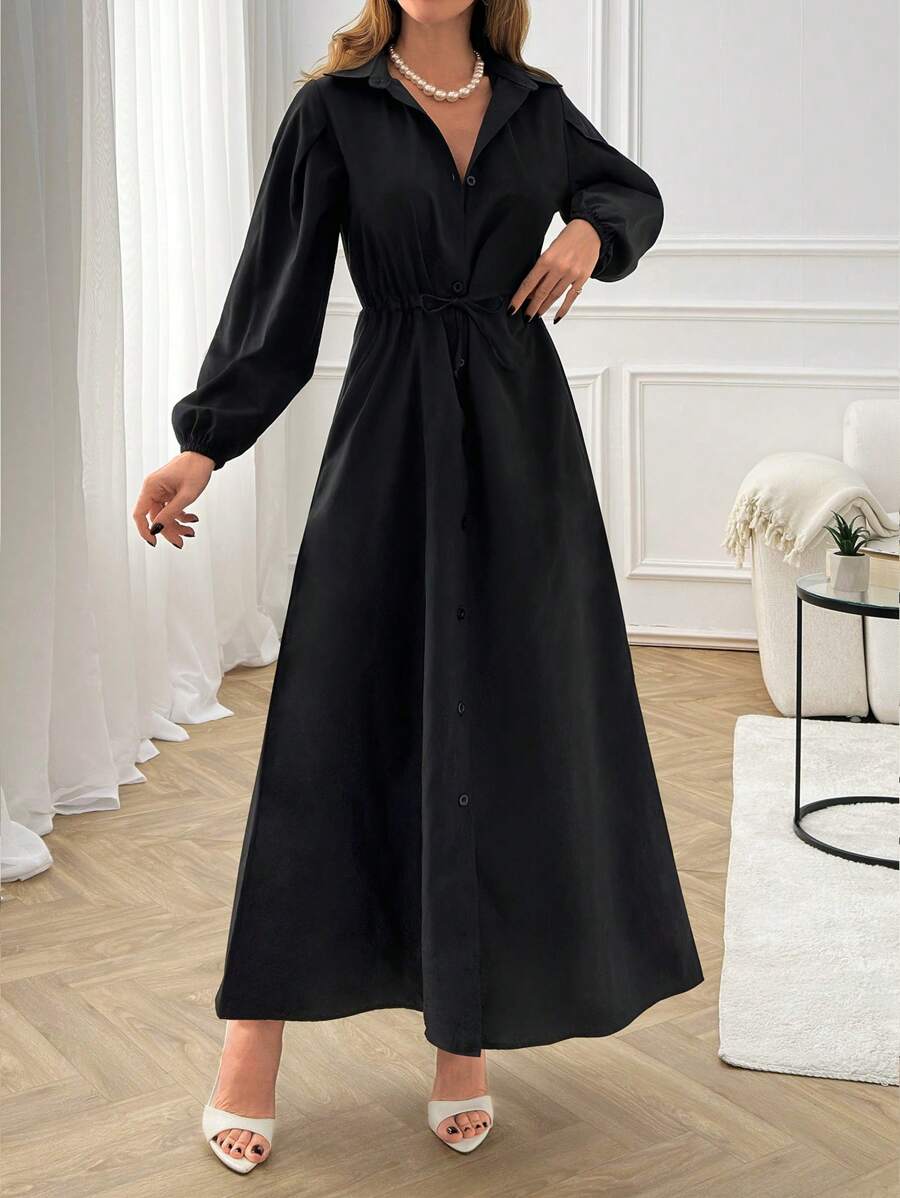 EURMUSE Casual Style, Button Through, Drawstring Belt Detailed Long Shirt Dress - White - View 1