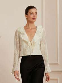 Aveloria Rosie Blusa holgada elegante para vacaciones con mangas abullonadas de organza transparente, con bordados y volantes para mujeres