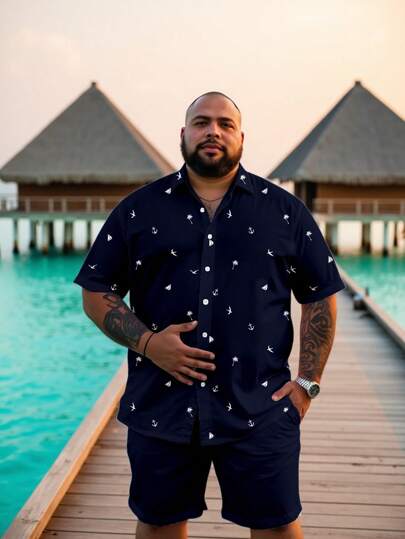 Manfinity RSRT Casual Vacation Style Silhouette Print Pattern Slim Fit Short Sleeve Button Down Shirt For Plus Size Men, Suitable For Vacation, Outings, Dating, A Great Gift For Boyfriend