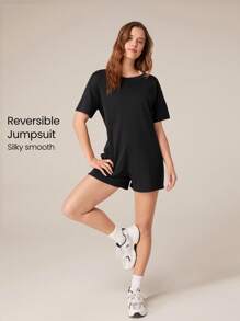 GLOWMODE Modal Take It Easy Reversible Short Sleeves Romper Jumpsuit With Side Large Pocket Daily Casual Spring Summer - Black - View 1