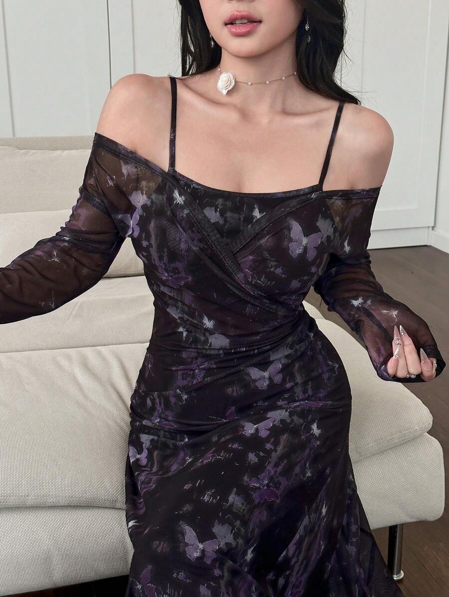 Modelyn 女士透明网眼蝴蝶刺绣修身鱼尾长裙 - 黑色 - 查看 1