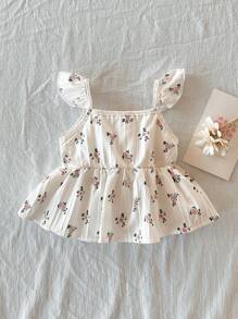 Vintaside Kids Baby Girl Holiday Christmas Casual Summer Beige White Camisole Top, Fresh And Elegant Color. The Use Of Crepe Strip Fabric, Full Of Print Ditsy Floral Pattern Is Full Of Pastoral Atmosphere, Very Lovely, The Shoulder Belt At The Cap Sleeve Decoration Is Added To The Playful Sense. Suitable For To Play, Home Leisure, Sports, School, Party, Etc - Beige - View 2