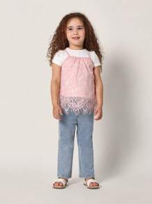 SUMWON Girls Delicate Lace Cami Top With T-Shirt Layer, Tween Party Special Occasion Sleeveless Tank Overlay Spring Summer Fashion - Multicolor - View 3
