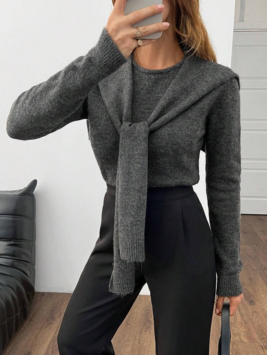 SHEIN Tall Suéter feminino de tricô casual e estiloso com detalhes em xale, manga longa, cor cinza. - Cinza escuro - Ver 1