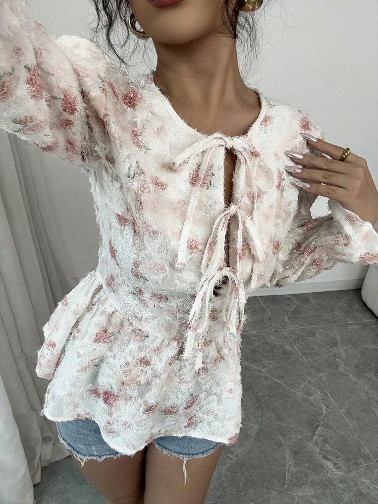 Elenzga Standard Size Women's Round Neck Flare Sleeve Bowknot Decor Blouse - Multicolor - View 5