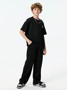 SHEIN Explorewe Tween Girls 2pcs Set - Short Sleeve Round Neck T-Shirt And Casual Pants, Minimalist Fashion Outfit - Black - View 6