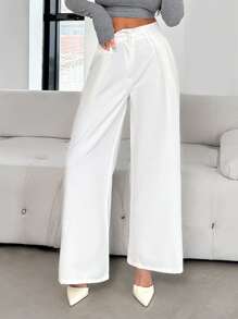 EURMUSE WOMEN TALL BELTED DETAILED WIDE LEG PANTS - White - View 4